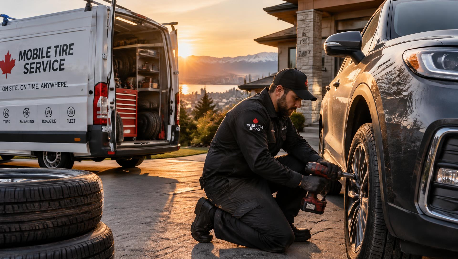 Technician changing a tire in a modern home driveway